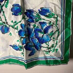 Vintage Scarves by Vera 100% Silk Hand Rolled Floral Blue, Green & White 30" SQ